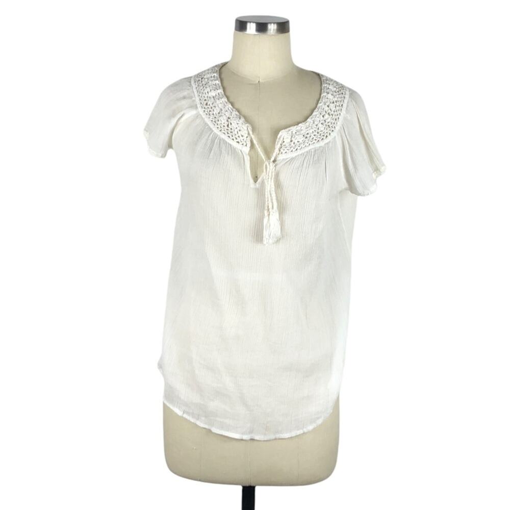 LUCKY BRAND White Popover Blouse‎ Tassel Tie Short Sleeve Top Lightweight NWT S